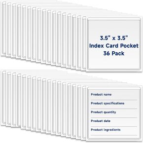 36Pcs 3.5" x 3.5" Index Card Pockets, Clear Adhesive Pocket Sleeves with Top Open for Loading, Plastic Label Holders for Organizing Storage Bins, Library Cards, Shelves