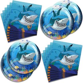 40pcs Shark Party Supplies，Shark theme Paper Plates Napkins，Shark Ocean Theme Birthday Party Decoration Party Birthday Decorations Favors for Kids Serves 20 (Shark), reglue