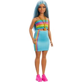 Barbie Fashionistas Doll #215 with Black Straight Hair, Pink Star-Print Top & Iridescent Skirt, 65th Anniversary Collectible Fashion Doll