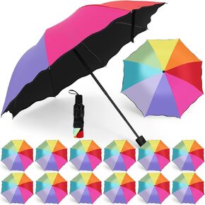 Cunno 12 Pieces Rainbow Umbrella Portable Tri Folded Umbrella 8 Ribs Folding Travel Umbrella Windproof Compact Rainbow Umbrella Collapsible Pride Umbrella for Women Men Kids Rain Travel