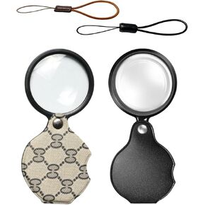 2PCS 15X Magnifying Glass Loupe Small Pocket Magnifying Lenses Glass Protective Holster Leather Lanyard for Seniors Reading Inspection Coin Hobby Jewelry or Exploring (Black + Black Print)