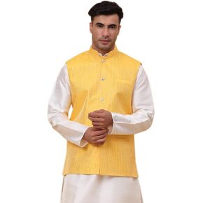 Mens Silk Blend Sequenced Striped Waistcoat, Nehru Jacket Only, Ethnic Traditional Wear