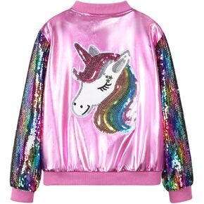 WELAKEN Uniocrn Bomber Jacket With Sparkly Sleeve For Girls, Toddler & Kids Sequin Lightweight Flight Jacket