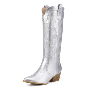 IDIFU IN2 Cowboy Boots for Women Cowgirl Knee High Western Tall Boot | Chunky Block Low Heel Pointed Toe, Fashion Embroidered Booties for Wedding Country Concert in Saudi Arabia