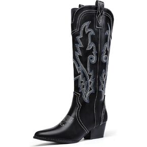 IDIFU IN2 Cowboy Boots For Women Cowgirl Knee High Western Tall Boots Chunky Low Pointed Toe Heel Boots Fashion Booties for Women Embroidered Wedding Country Concert Boots