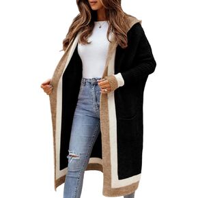 Yimoon Cardigan Sweater for Women Color Block Open Front Hooded Long Cardigan Oversized Knit Sweater Outwear
