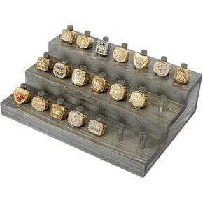 MyGift 3 Tier Weathered Gray Solid Wood Ring Holder Stand with 21 Pegs and Stair Step Design, Tabletop Jewelry Storage Display Rack