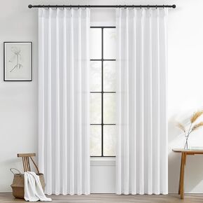 Pinch Pleated Linen Curtains 96 Inches Long for Living Room Bedroom, Light Filtering Boho Window Drape 96 inch 2 Panels Burgs with Hooks&Rings 8ft Cream Birch Sliding Glass Door Sheer Curtain Decor