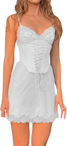 Women Lace Mini Dresses Low Cut Backless Short Dress Ruffle Flare A Line Bodycon Dress Party Club Dress Streetwear in Kuwait