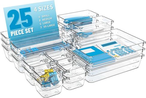 25 PCS Plastic Desk Drawer Organizer Set, 4 Sizes Bathroom Drawer Organizer Trays & Storage,Small Clear Plastic Organizer Bins for Makeup/Jewelry,Kitchen Utensils,Gadgets,Vanity Or Office Accessories in Saudi Arabia