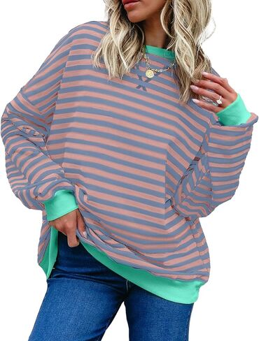 AlvaQ Womens Oversized Sweatshirt 2024 Casual Crewneck Long Sleeve Colorblock Striped Pullover Tunic Tops Outfits in Saudi Arabia