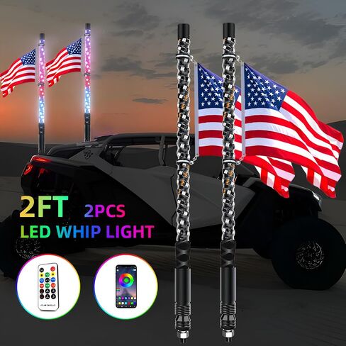 2pcs 2FT Whip Lights LED Whip Lights for UTV ATV Spiral RGB Chasing Lighted Antenna Whips with APP & Remote Control for Can-Am X3 RZR Off-Road Ranger Wrangler Sand Buggy Dune (2 ft) in Saudi Arabia