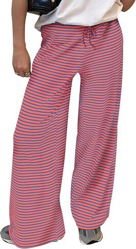 Trendy Queen Womens Striped Ribbed Wide Leg Pants Casual Drawstring Elastic Waist Baggy Sweatpants with Pockets in Saudi Arabia