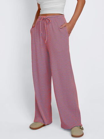 Trendy Queen Womens Striped Ribbed Wide Leg Pants Casual Drawstring Elastic Waist Baggy Sweatpants with Pockets in Saudi Arabia