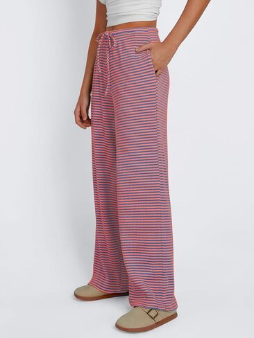 Trendy Queen Womens Striped Ribbed Wide Leg Pants Casual Drawstring Elastic Waist Baggy Sweatpants with Pockets in Saudi Arabia