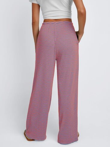 Trendy Queen Womens Striped Ribbed Wide Leg Pants Casual Drawstring Elastic Waist Baggy Sweatpants with Pockets in Saudi Arabia