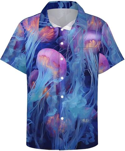 Men's Summer Tropical Jellyfish Holiday Button Shirt Hawaiian Party Short Sleeve Vacation Beach Shirts in Kuwait
