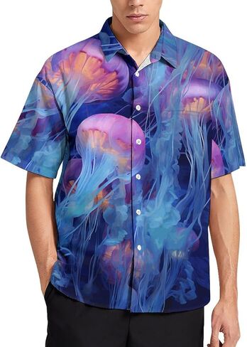 Men's Summer Tropical Jellyfish Holiday Button Shirt Hawaiian Party Short Sleeve Vacation Beach Shirts in Kuwait
