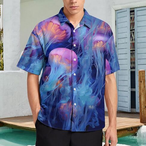 Men's Summer Tropical Jellyfish Holiday Button Shirt Hawaiian Party Short Sleeve Vacation Beach Shirts in Kuwait
