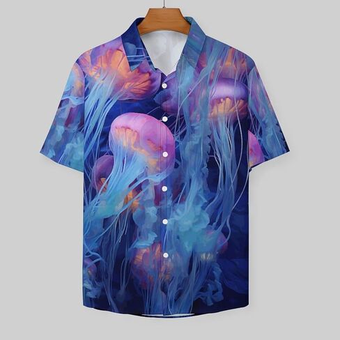Men's Summer Tropical Jellyfish Holiday Button Shirt Hawaiian Party Short Sleeve Vacation Beach Shirts in Kuwait