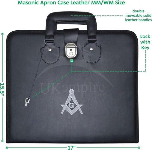 Masonic Master Mason Apron Case – Machine Embroidered (Black Leather), MM Provincial Size | Freemason Carrying Bags in Kuwait