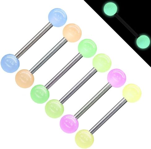 6pc GLOW IN THE DARK 14G Tongue Bar UV Acrylic Ball Capsule Multi Color Steel Bar Barbell Ring Piercing Jewelry in Kuwait