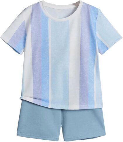 Floerns Toddler Boy's 2 Piece Outfit Striped Print Tee Top and Track Shorts Set in Saudi Arabia