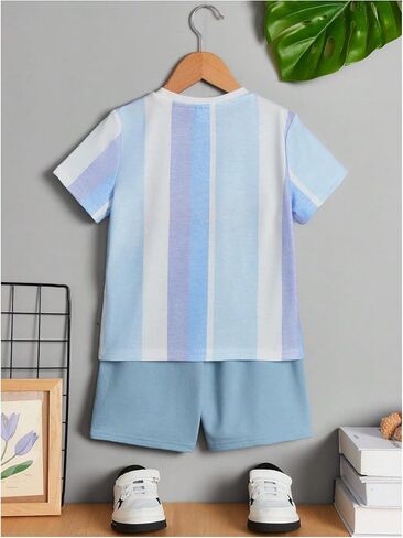 Floerns Toddler Boy's 2 Piece Outfit Striped Print Tee Top and Track Shorts Set in Saudi Arabia