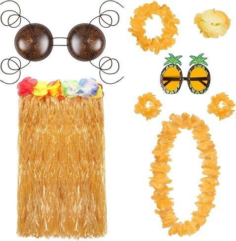 Jiuguva 8 Pcs Hawaiian Costume Set for Woman, Coconut Bra and Grass Skirt Adult Hula Skirt with Sunglasses in Saudi Arabia