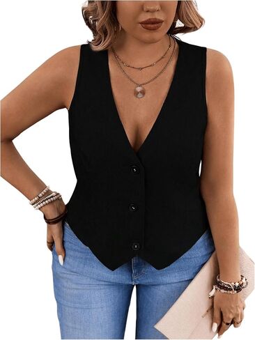 SOLY HUX Women's Plus Size Button Up Suit Vest Blazer V Neck Sleeveless Waistcoat in Kuwait