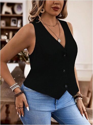 SOLY HUX Women's Plus Size Button Up Suit Vest Blazer V Neck Sleeveless Waistcoat in Kuwait