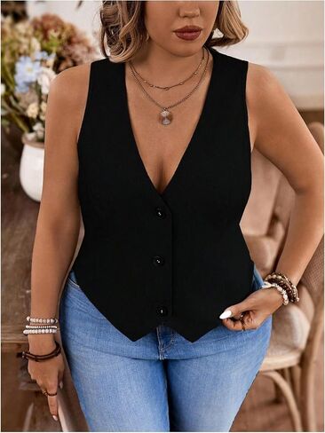SOLY HUX Women's Plus Size Button Up Suit Vest Blazer V Neck Sleeveless Waistcoat in Kuwait