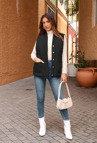Angashion Women Puffer Vest Jacket: Fall Sleeveless Reversible Outerwear Quilted Fleece Warm Padded Gilet Coat with Pockets in Saudi Arabia