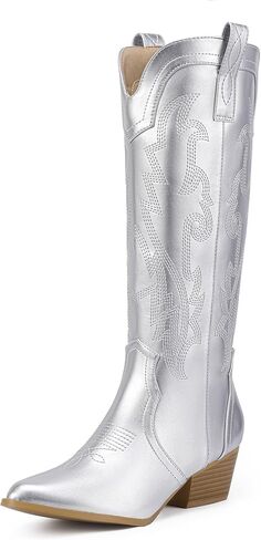 IDIFU IN2 Cowboy Boots for Women Cowgirl Knee High Western Tall Boot | Chunky Block Low Heel Pointed Toe, Fashion Embroidered Booties for Wedding Country Concert in Saudi Arabia