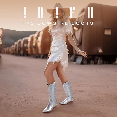 IDIFU IN2 Cowboy Boots for Women Cowgirl Knee High Western Tall Boot | Chunky Block Low Heel Pointed Toe, Fashion Embroidered Booties for Wedding Country Concert in Saudi Arabia