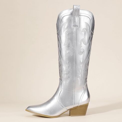 IDIFU IN2 Cowboy Boots for Women Cowgirl Knee High Western Tall Boot | Chunky Block Low Heel Pointed Toe, Fashion Embroidered Booties for Wedding Country Concert in Saudi Arabia