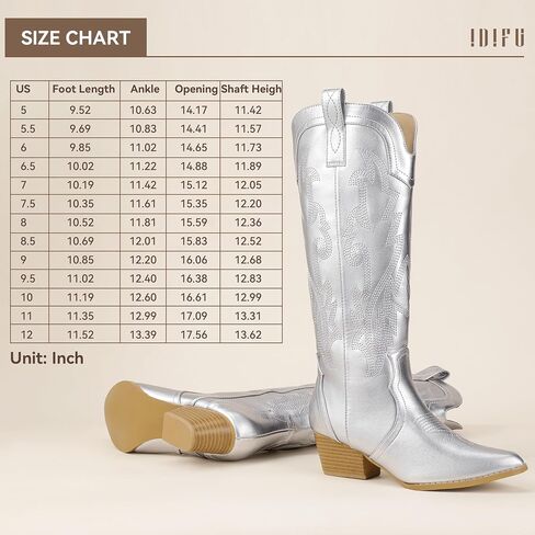 IDIFU IN2 Cowboy Boots for Women Cowgirl Knee High Western Tall Boot | Chunky Block Low Heel Pointed Toe, Fashion Embroidered Booties for Wedding Country Concert in Saudi Arabia
