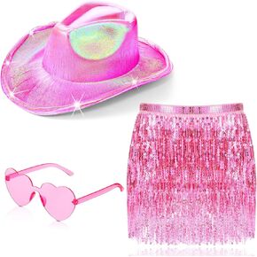 Jiuguva 3 Pcs Light up Space Cowgirl Hat Pink Country Western Costume Accessories Heart Shape Sunglasses Women Sequin Skirt Tassels Belly Dance Hip Scarf Fringe Wrap Skirt for Women Girls Party Decor