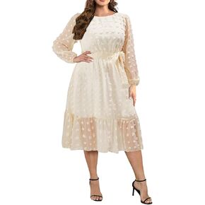 Holipick Women 2024 Spring Plus Size Swiss dot A-Line Long Sleeve Midi Dress Wedding Guest Elegant Flowy Dresses