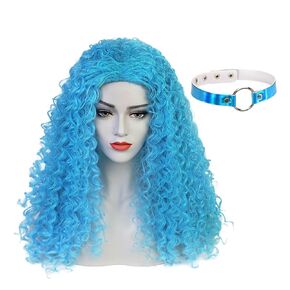 Long Curly Blue Wig with Blue Chocker for Women Girls Halloween Cosplay Costume (Blue)