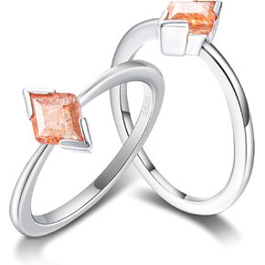 1.3 Carat 6x8mm Natural Orange Sunstone Silver Engagement Ring Chakra Crystals Solitaire Platinum Plated Sterling Silver Rings for Women Dainty Statement Ring Gifts for Mom Unique Gemstone Wedding Rings Cute Cocktail Ring Gifts for Her