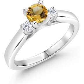 Gem Stone King 925 Sterling Silver Yellow Citrine and White Lab Grown Diamond 3-Stone Engagement Ring For Women (0.86 Cttw, Gemstone November Birthstone, Available in Size 5,6,7,8,9)