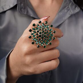 YERTTER Vintage Indian Ethnic Style Green Crystal Hollow Big Round Ring Rhinestone Crystal Ring Adjustable Party Gift for Women Girls
