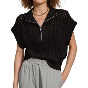 Oversized Hollow Knit Sweater Vest for Women Casual Half-Zip Cap Sleeve Crochet Knit Tank Tops