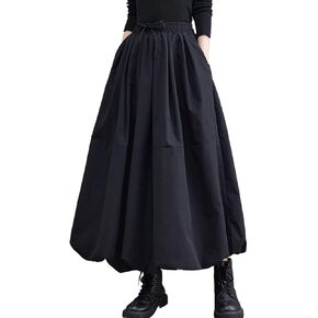 Femiserah Women's Black Elastic Waist A Line Long Bubble Skirt Pompom Skirt Lantern Skirt