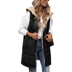 Womens Fall Reversible Vests Sleeveless Fleece Hoodie Jacket Zip Up Winter Warm Hooded Long Coat Outerwear with Pockets