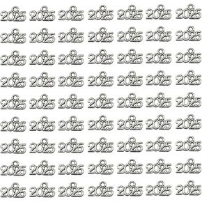 2025 Charms Jewelry Making Kit Mini Alloy 2025 Letter Beads for New Years Eve Gift Jewelry Making Graduation Tassel DIY, 100pcs (Silver)