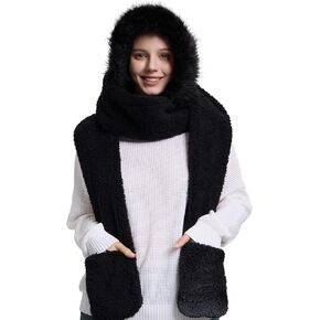 Winter Faux Fur Fuzzy Trim Sherpa Hooded Scarf Cute 3-in-1 Scarf Hat Gloves Set for Women