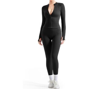 SUUKSESS Women 2 Piece Seamless Ribbed Workout Sets With Zip Up Jacket High Waisted Gym Yoga Leggings