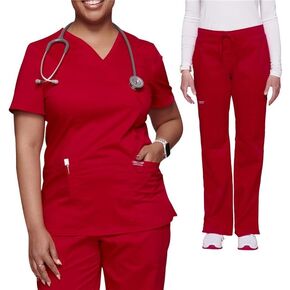 Cherokee Scrub Set for Women Modern Classic Fit Mock Wrap Top WW610 with Mid Rise Moderate Flare Drawstring Pant-WW120, Red - XL Top/XL Petite Pant